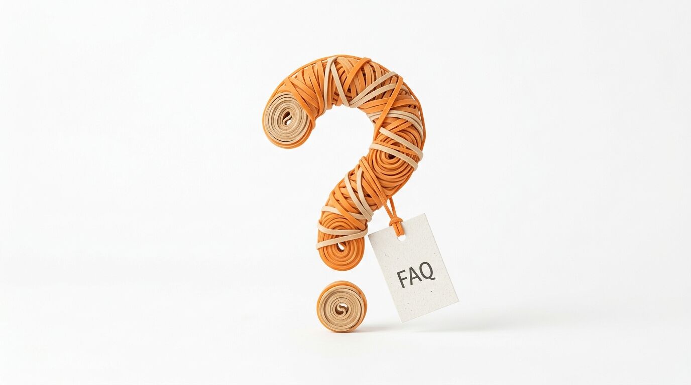 Aus Gummibändern geformtes Fragezeichen mit einem „FAQ“-Anhänger auf weißem Grund
