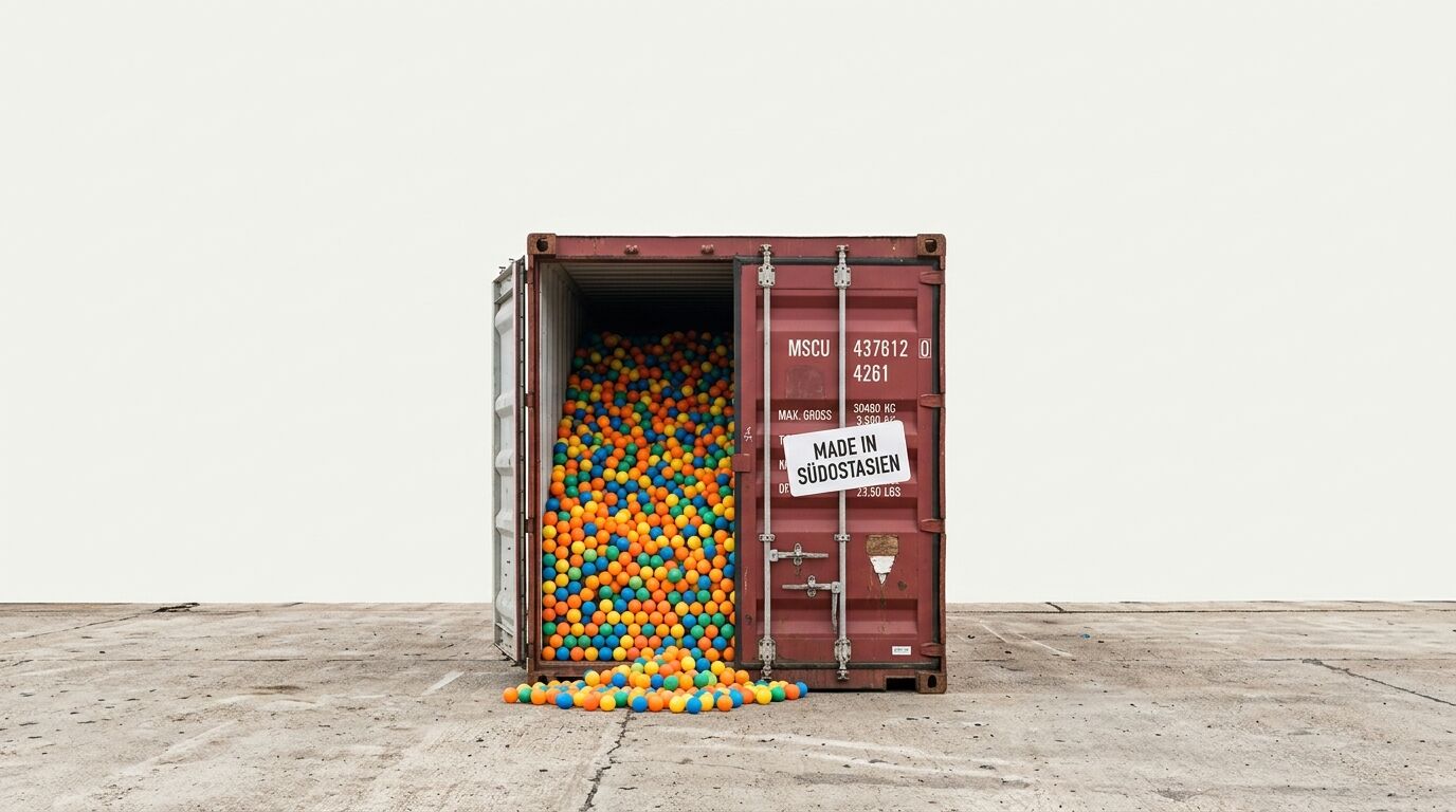 Geöffneter roter Frachtcontainer, gefüllt mit bunten Plastikbällen vor weißem Hintergrund