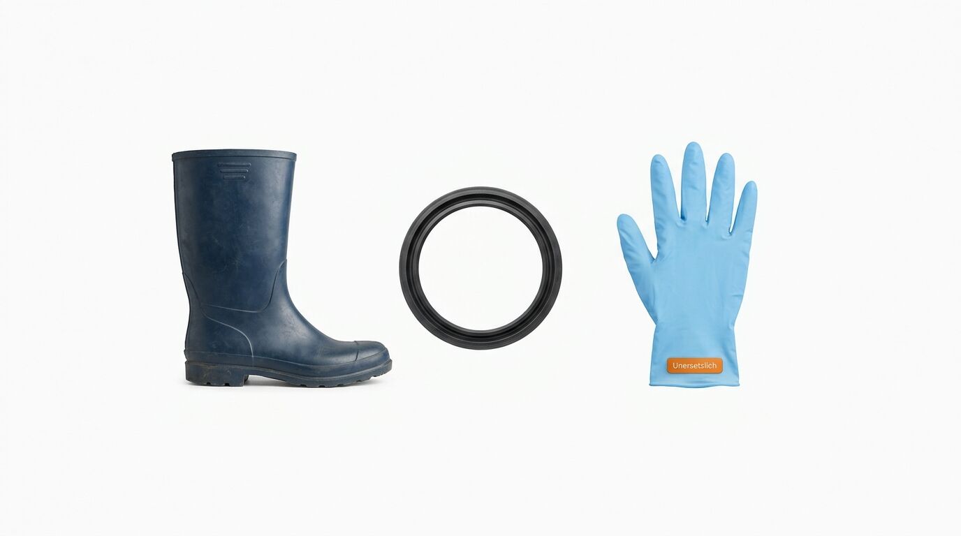 Ein Gummistiefel, eine Dichtung und ein Handschuh mit Aufschrift „Unerlässlich“