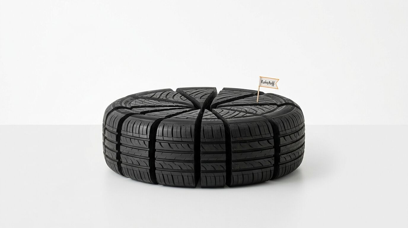 Ein in Tortenstücke zerschnittener Autoreifen mit einem kleinen „Rohstoff“-Fähnchen darauf