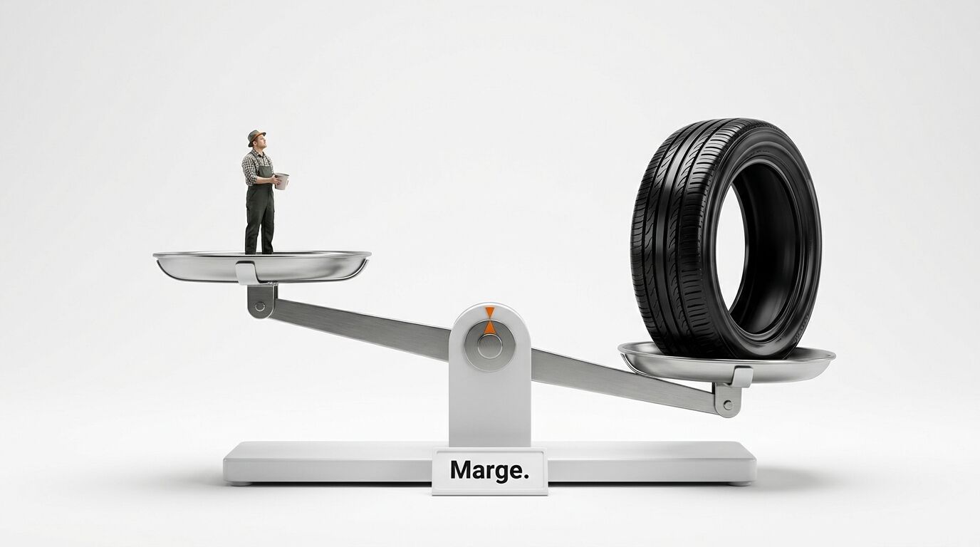 Waage mit Autoreifen (rechts) und kleinem Mann (links). Sockel mit Text „Marge.“