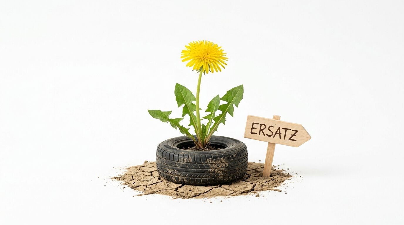 Löwenzahn wächst in Autoreifen auf rissiger Erde, rechts Holzschild „ERSATZ“