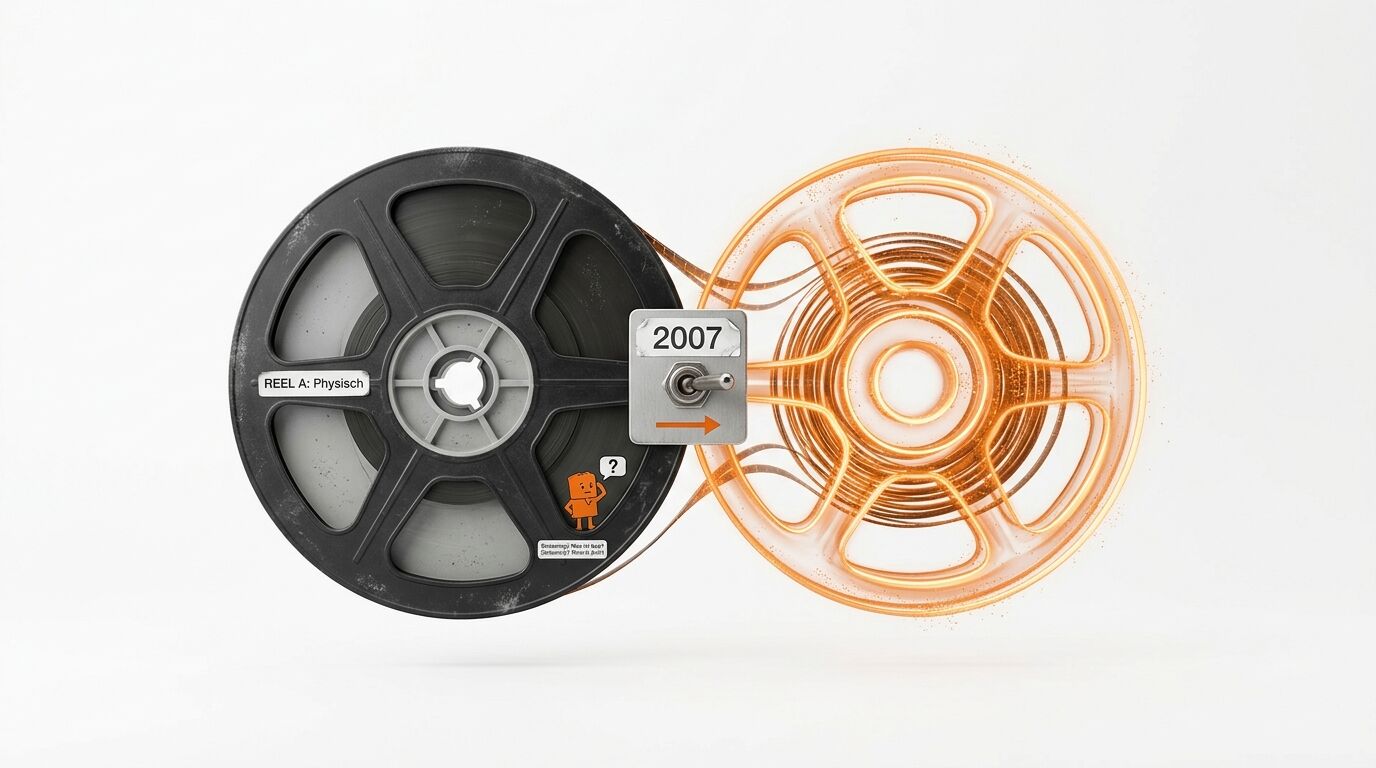 Zwei Filmspulen, verbunden durch ein Band, eine schwarz, die andere leuchtend orange