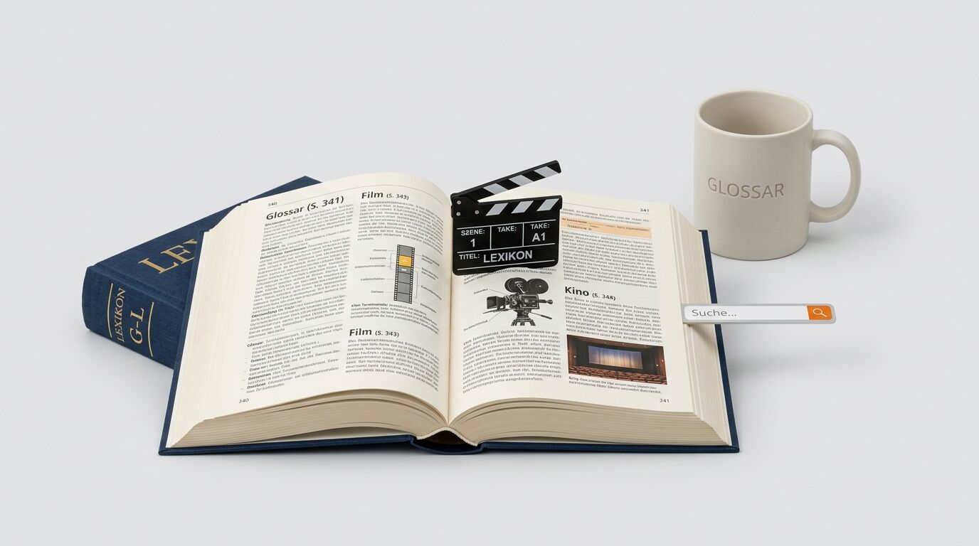 Geöffnetes Lexikon mit Filmklappe, Suchleiste und Tasse „GLOSSAR“ auf grauem Grund