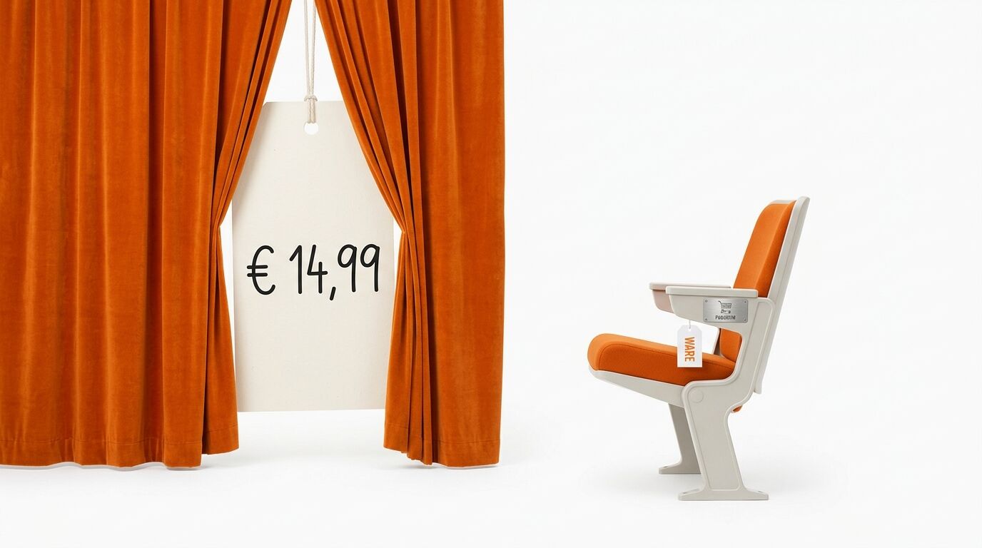 Ein orangefarbener Theatervorhang mit Preisschild (€ 14,99) und ein Klappstuhl vor weißem Hintergrund