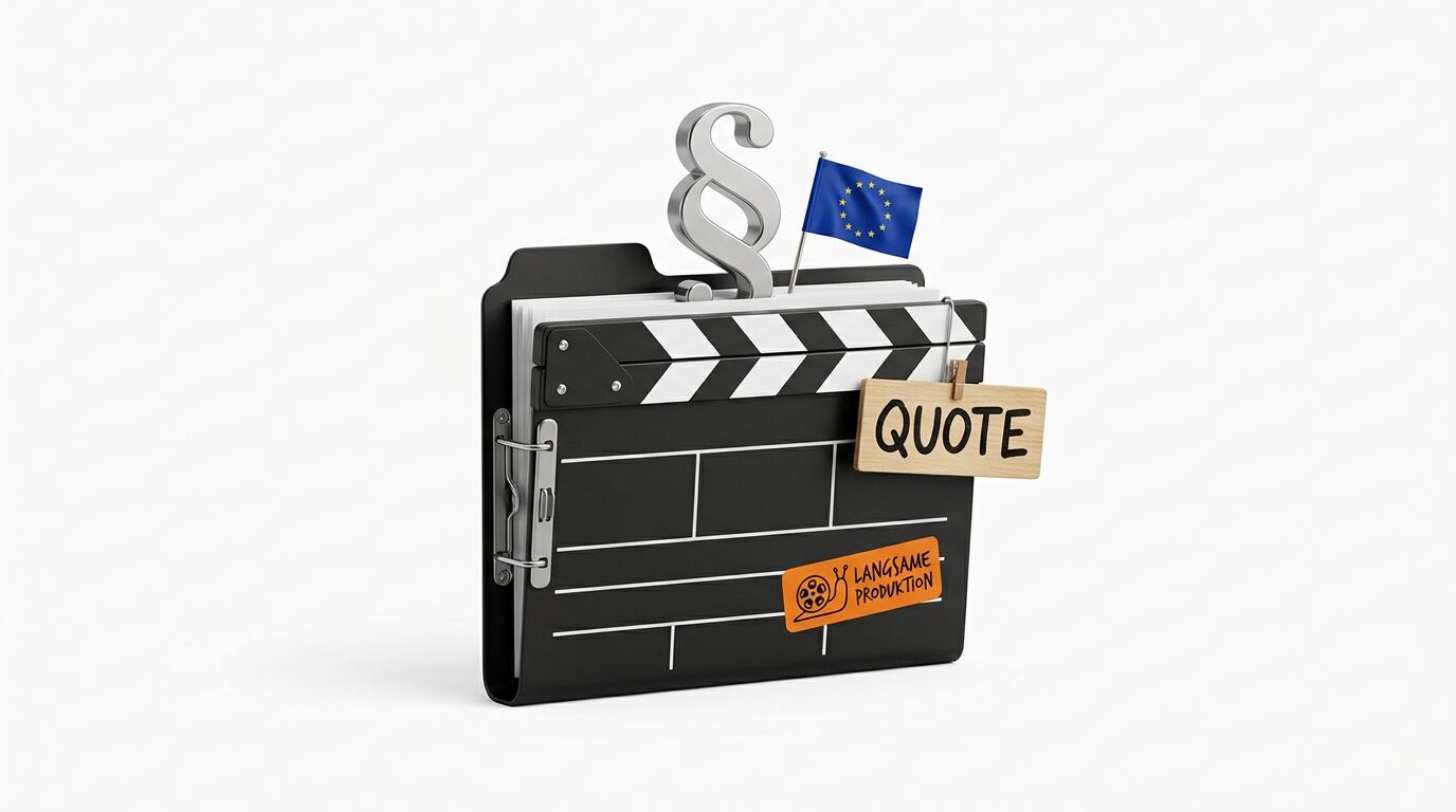 Ordner als Filmklappe, mit Paragrafen, EU-Flagge und „QUOTE“-Schild