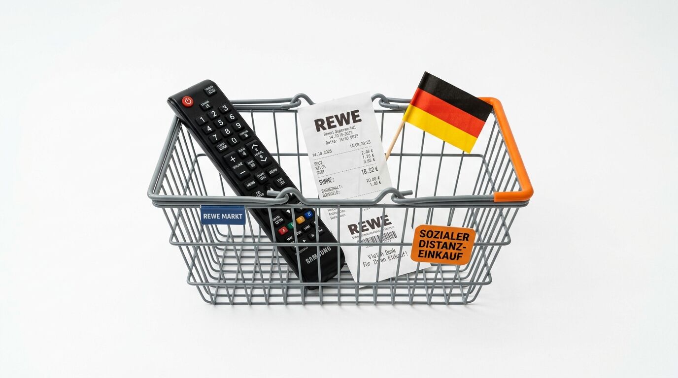 Einkaufskorb mit Fernbedienung, Rewe-Belegen, deutscher Fahne und Corona-Hinweisschild