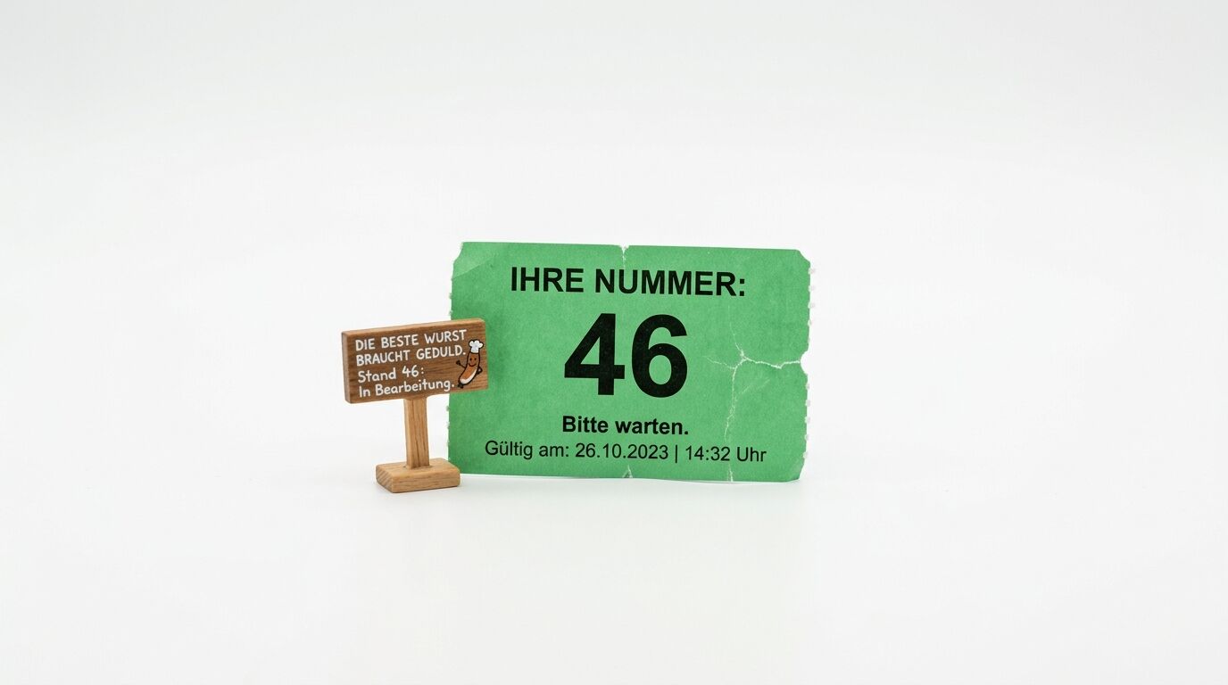 Grünes Ticket Nr. 46 mit Datum/Uhrzeit neben kleinem Holzschild mit Text und Wurstbild