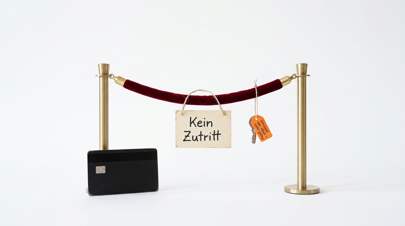 Absperrung mit rotem Samtseil, Schild „Kein Zutritt“, Kreditkarte und Schlüsselbund auf Weiß