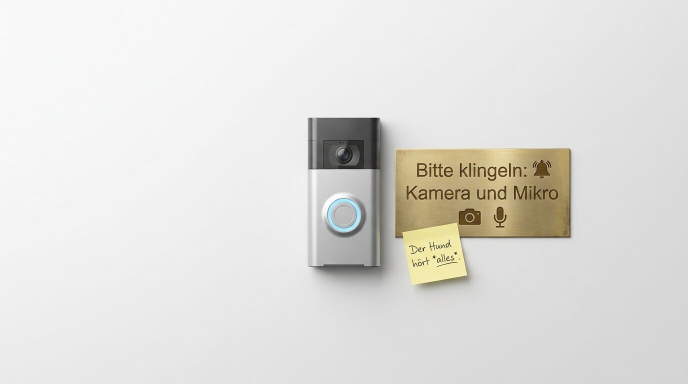 Eine Videotürklingel und eine gravierte Metallplatte mit der Aufschrift „Bitte klingeln: Kamera und Mikro“ sind nebeneinander an einer weißen Wand befestigt. Auf der Platte sind zusätzlich ein Glocken-, Kamera- und Mikrofonsymbol zu sehen. Unter der Platte klebt ein gelber Haftnotizzettel mit der handschriftlichen Aufschrift: „Der Hund hört *alles*.“