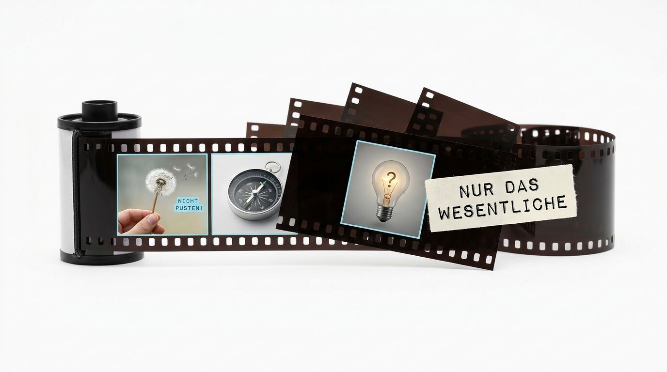 Filmrolle mit Bildern (Löwenzahn, Kompass, Birne), Text „NUR DAS WESENTLICHE“, weißer Grund