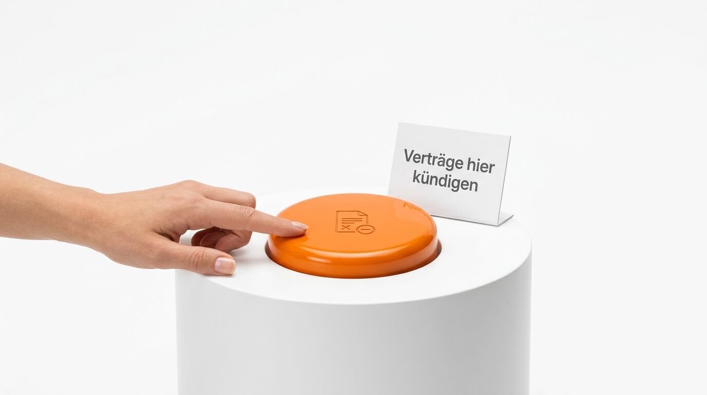 Hand drückt orangen Knopf, daneben Schild „Verträge hier kündigen“