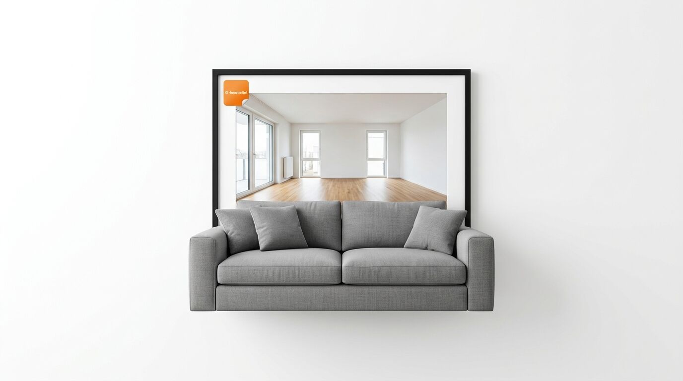 Schwebendes graues Sofa vor gerahmtem Bild eines leeren Raumes auf weißer Wand mit KI-Logo