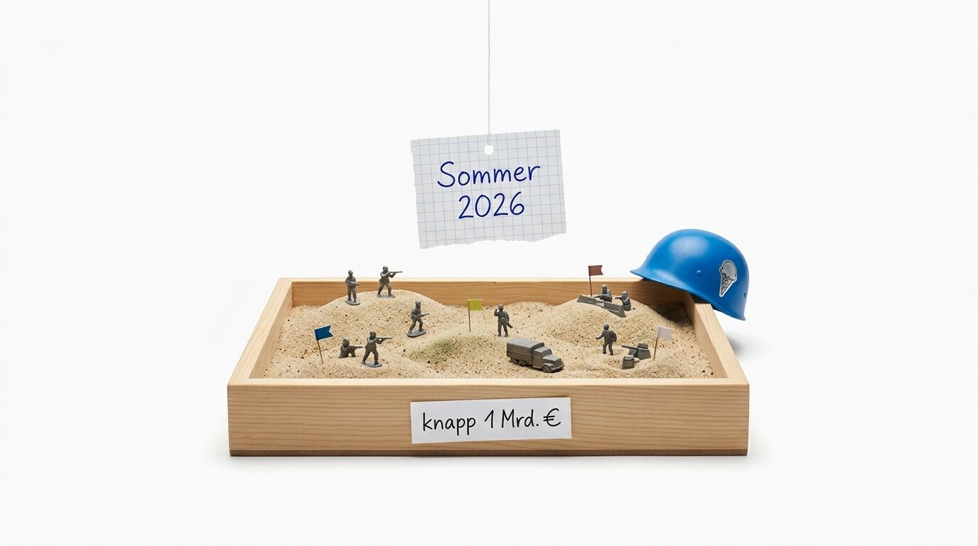 Ein Gedenkstein in Form einer Holzkiste mit Sand und Miniatursoldaten
