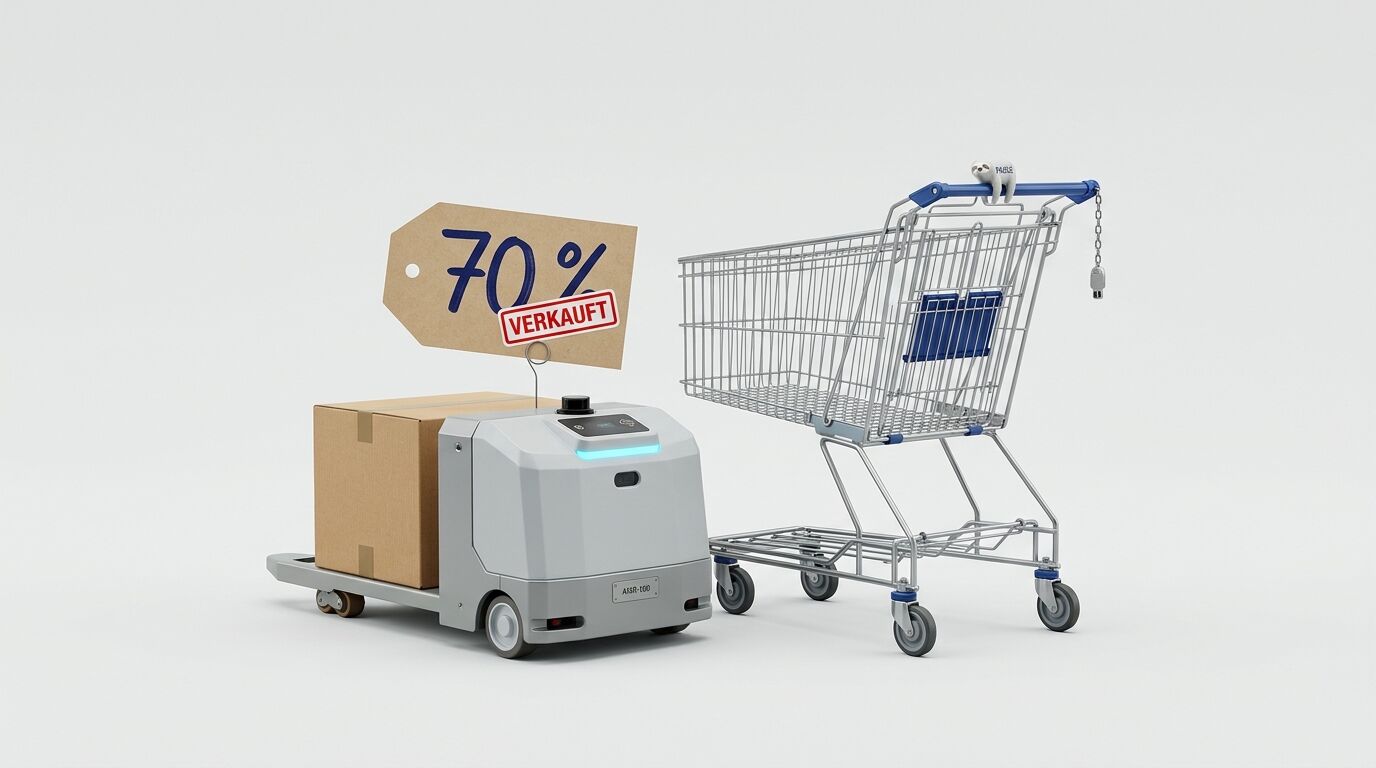 Logistik-Roboter mit Paket und 70%-Schild neben Einkaufswagen auf weißem Hintergrund