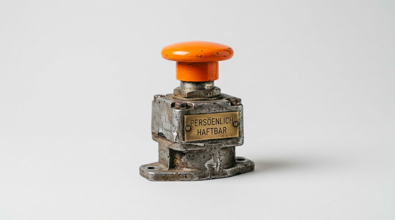 Schild „PERSÖENLICH HAFTBAR“ an Industrietaster mit orangem Pilzknopf