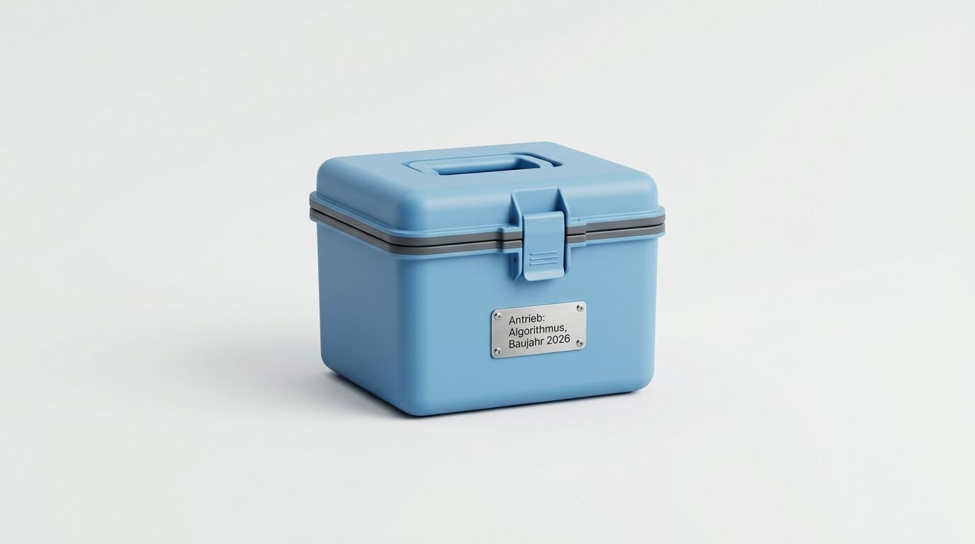 Blaue Box mit Griff, Schließe und Textplakette: