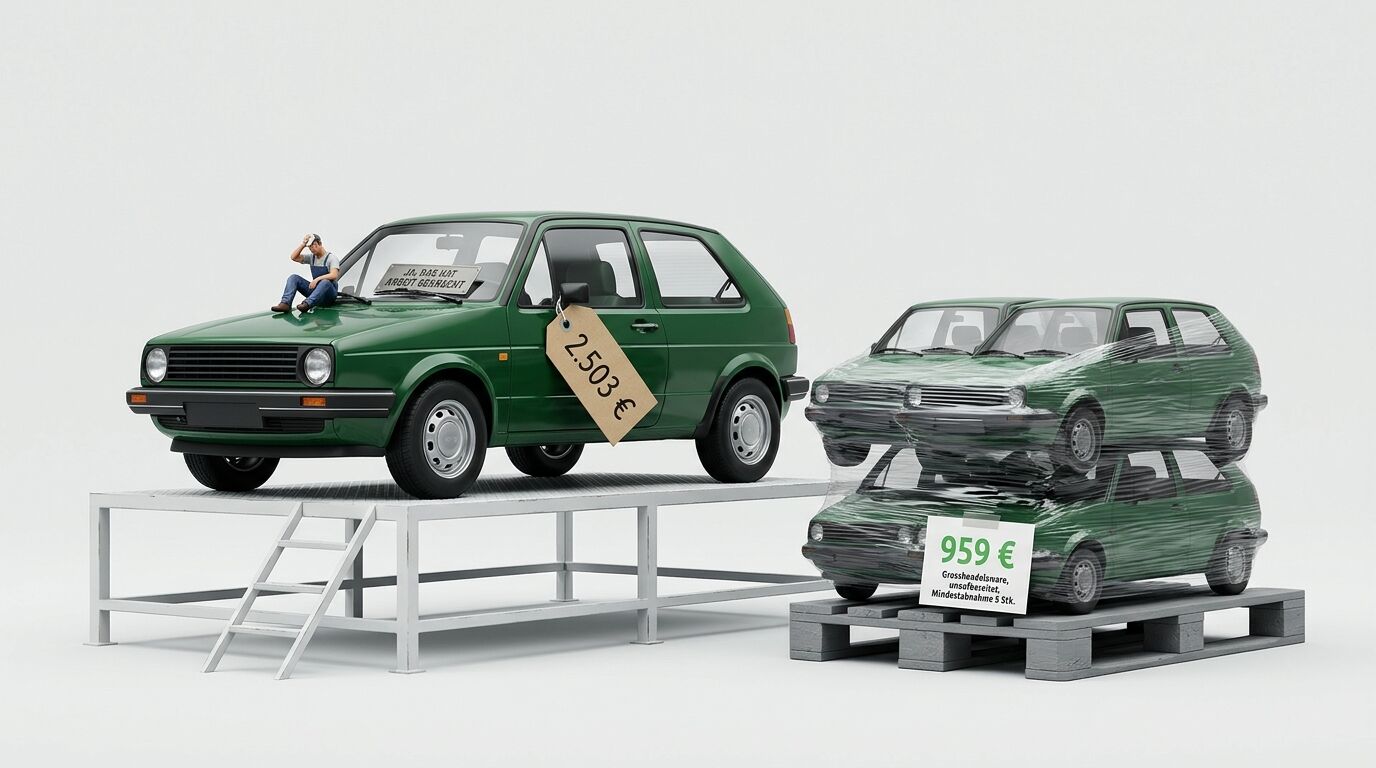 Vergleich von restauriertem Einzelwagen und gestapelten Ersatzteilträgern mit Preisschildern