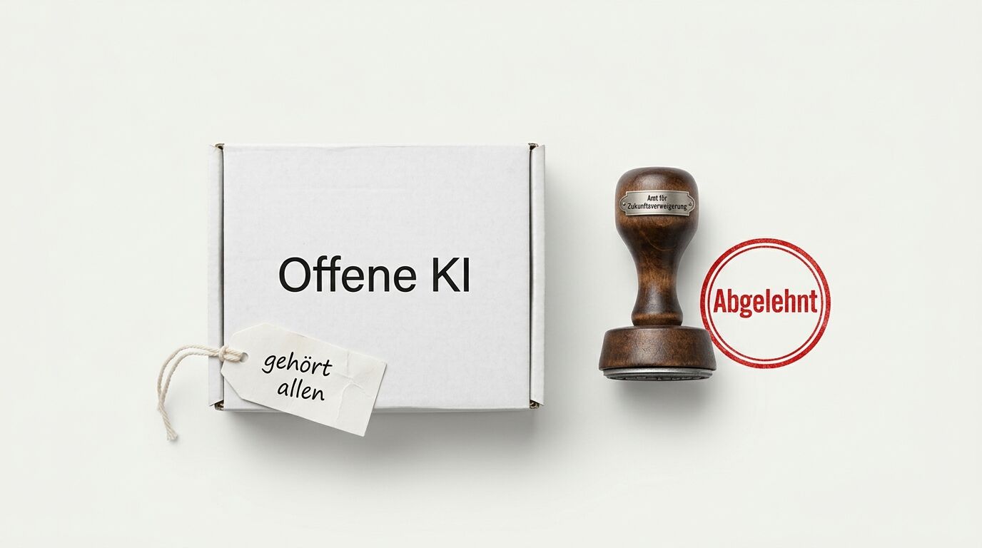 Karton „Offene KI“ mit Etikett neben Holzstempel und rotem Abdruck „Abgelehnt“