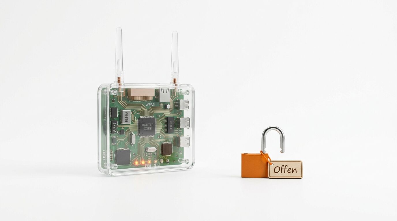 Transparenter Router neben geöffnetem Vorhängeschloss mit