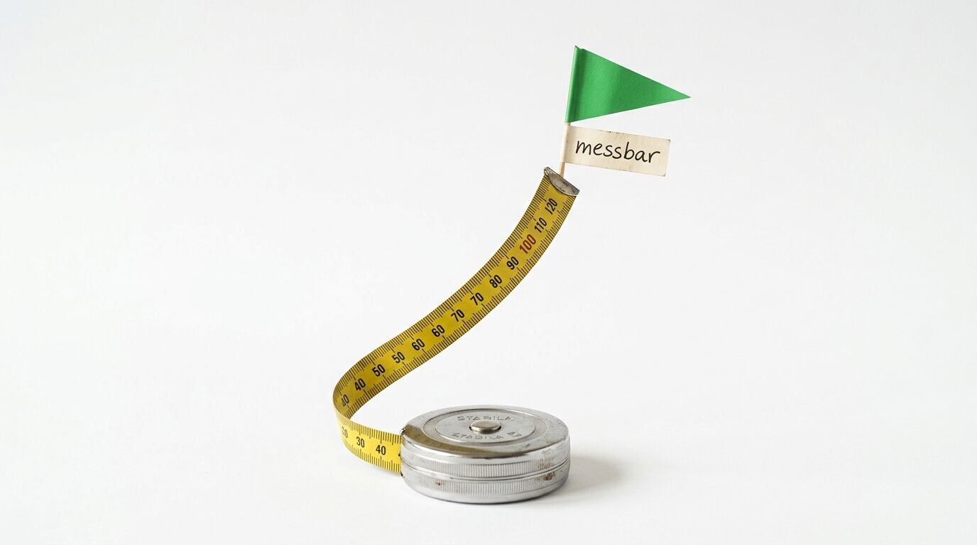 Ausgerolltes Bandmaß mit einem Schild mit der Aufschrift „messbar“ und grüner Fahne