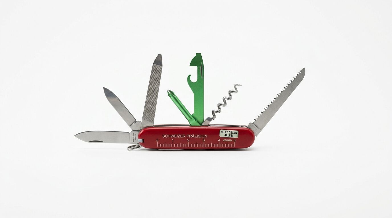 Rotes Taschenmesser mit ausgeklappten Werkzeugen und Skala vor weißem Hintergrund