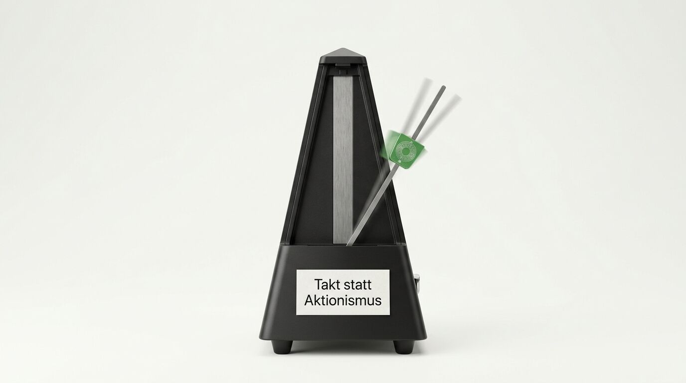 Schwarzes Metronom mit Text „Takt statt Aktionismus“, pendelnd