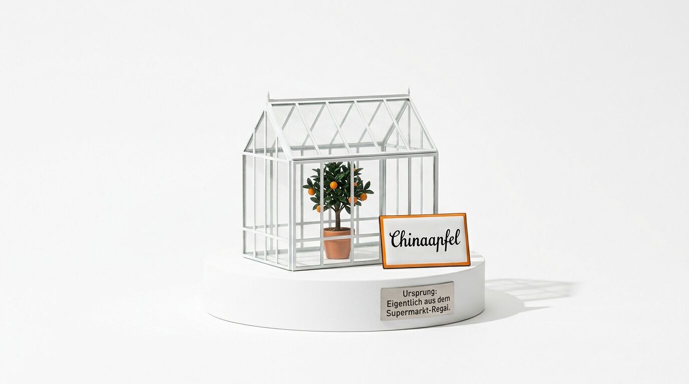 Miniatur-Orangenbaum im Gewächshaus auf Sockel mit zwei Schildern