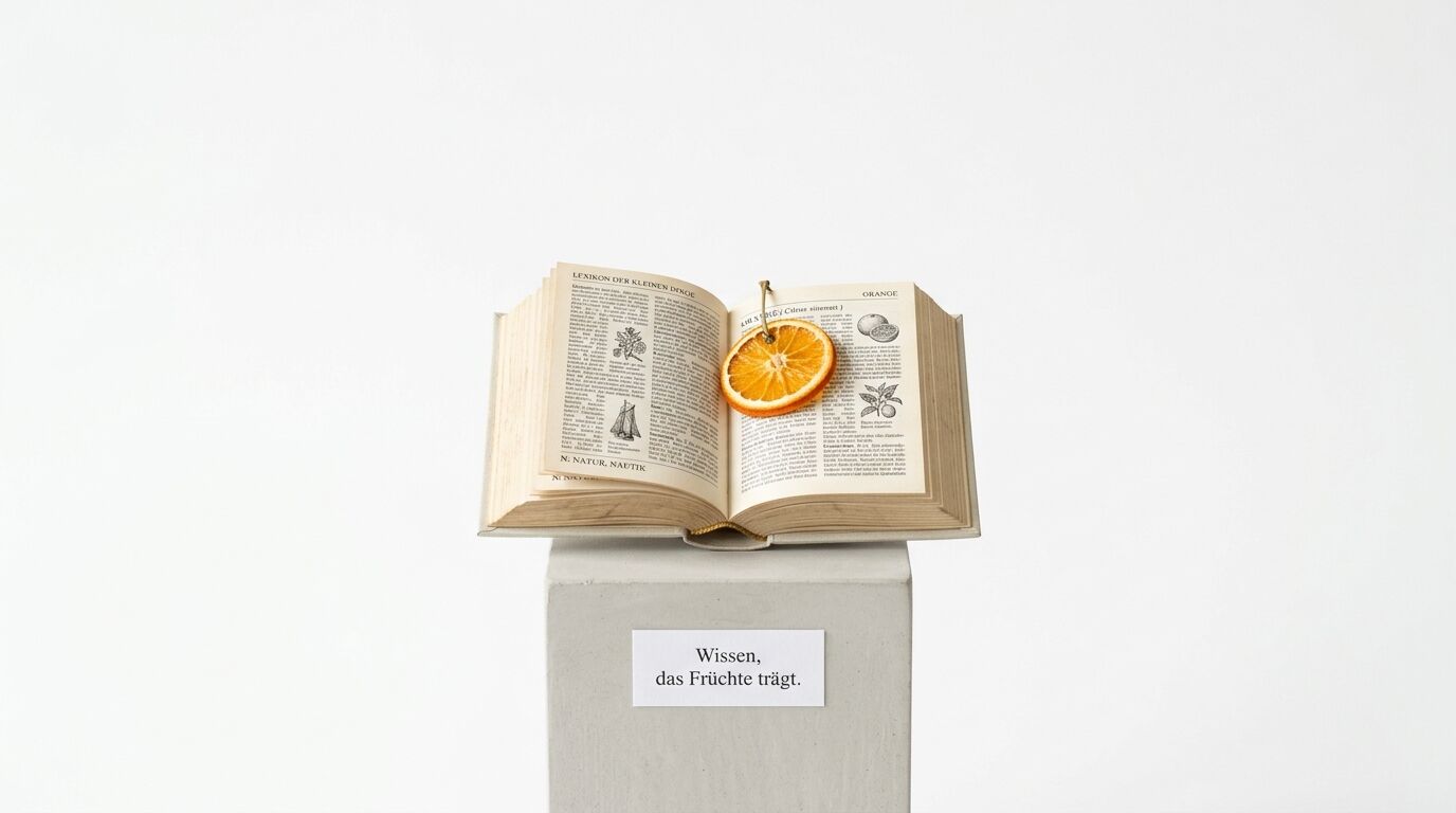 Geöffnetes Buch mit getrockneter Orangenscheibe auf Betonsockel mit deutschem Schriftzug