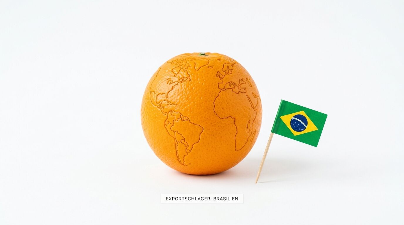 Apfelsine mit eingravierter Weltkarte und kleine brasilianische Flagge auf weißem Grund