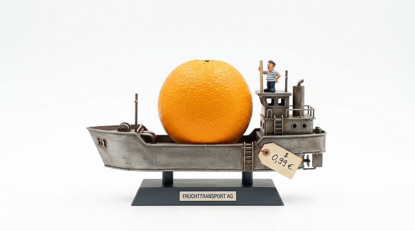 Modellschiff mit Orange, Matrosenfigur und Preisschild auf Sockel