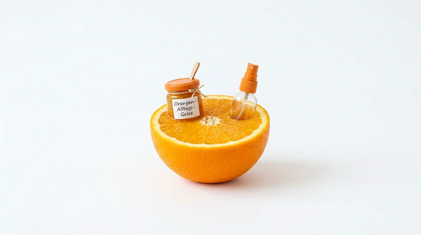 In einer halbierten Orange stehen ein kleines Glas Gelee und eine Sprühflasche
