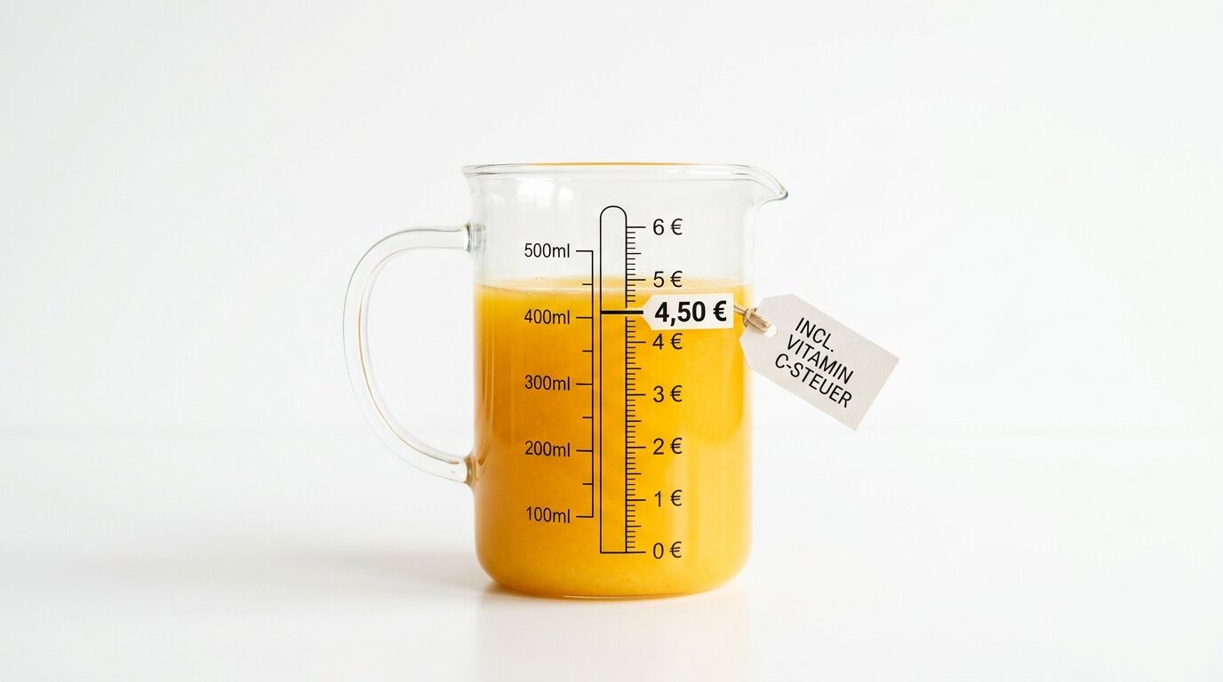 Ein Messbecher mit Orangensaft, der neben ml auch Euro anzeigt, und ein Preisschild