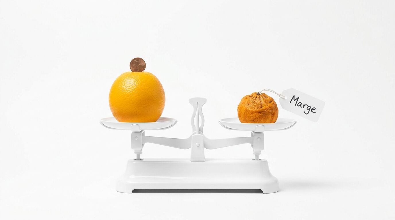 Orange mit Cent vs. schrumpelige Mandarine mit Schild