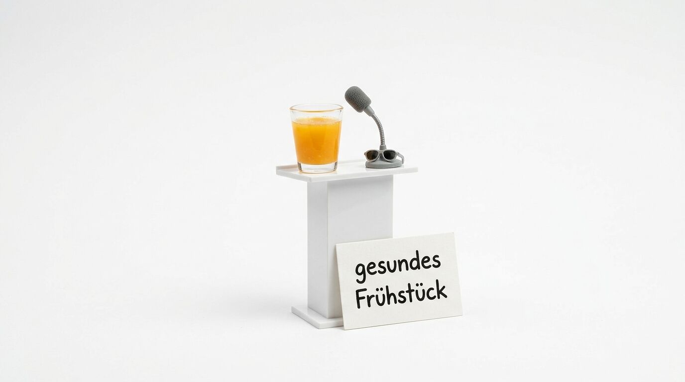Mikrofon, Orangensaft, Sonnenbrille auf Rednerpult mit Schild „gesundes Frühstück“
