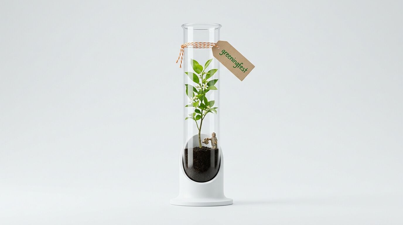 Glaskolben mit Pflanze, kleiner Gießkannenfigur und „greeningfest“-Anhänger auf weißem Grund