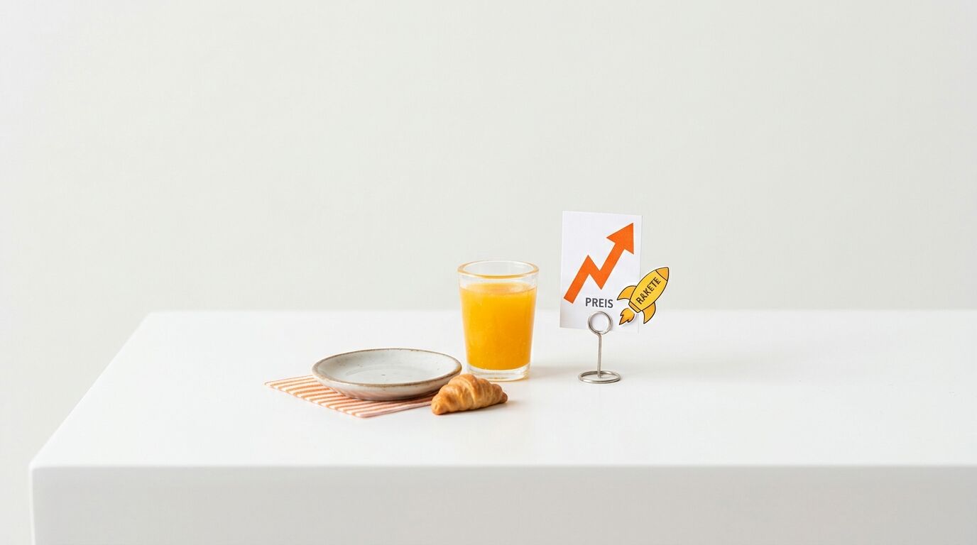 Frühstück mit O-Saft, Croissant u. Preisanstieg-Grafik (Rakete) auf weißem Tisch
