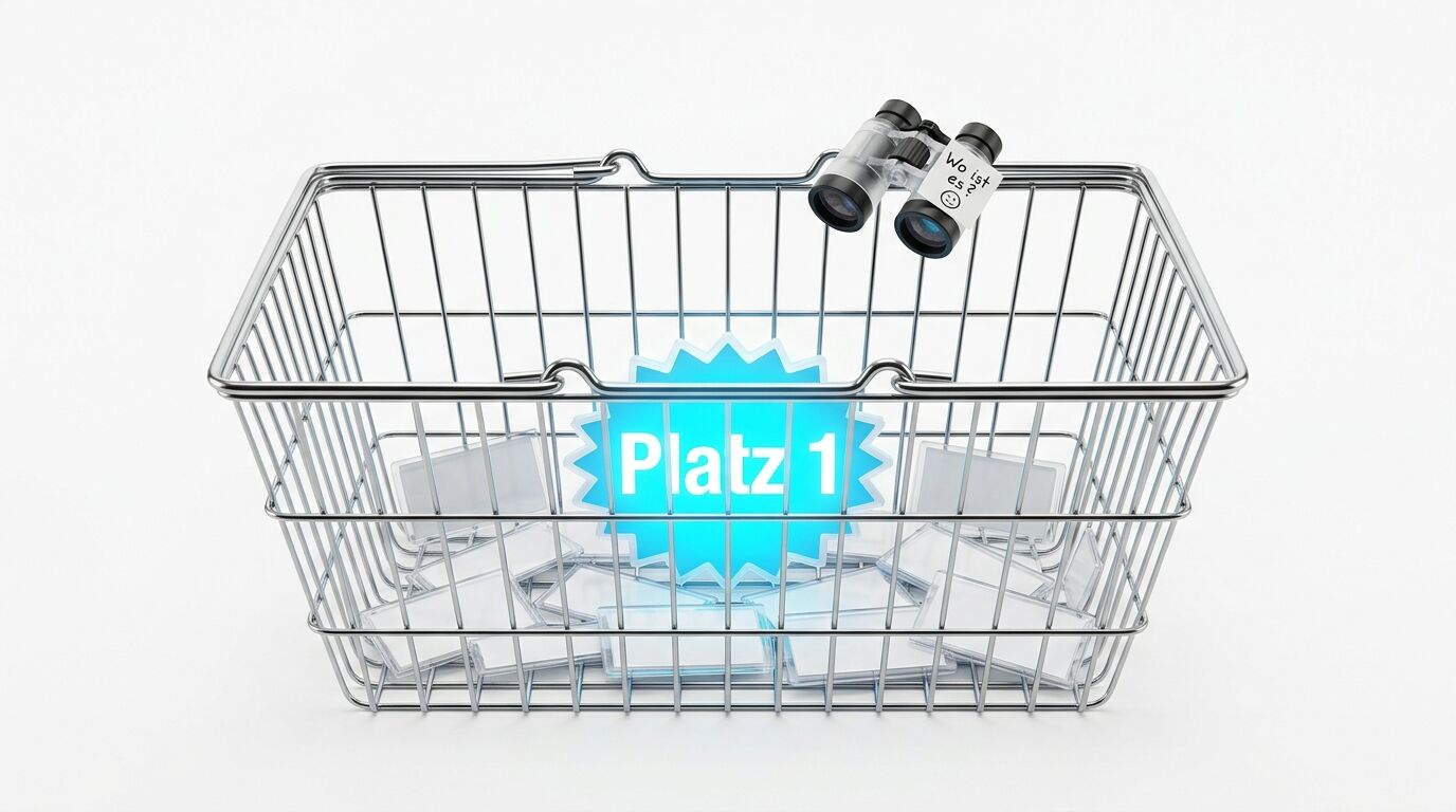 Ein Einkaufskorb mit „Platz 1“-Plakette und Fernglas auf weißem Grund