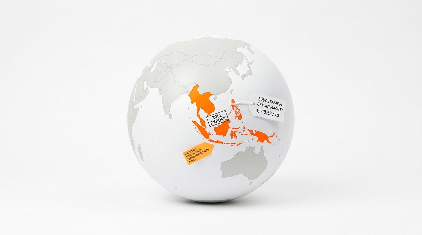 Ein weißer Globus mit orangefarbener Markierung Südostasiens und Anhängern vor weißem Hintergrund