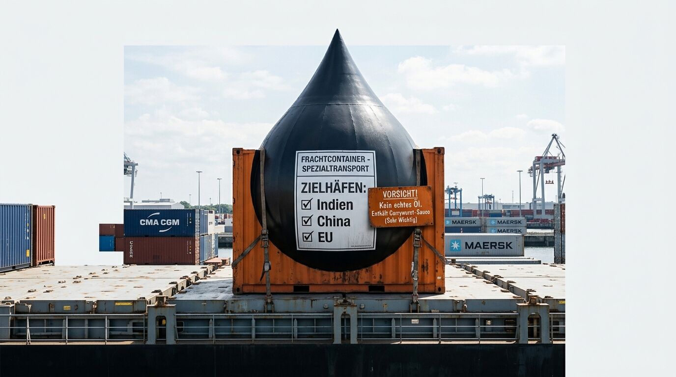 Ein riesiger, tropfenförmiger Container mit witziger Beschriftung auf einem Containerschiff