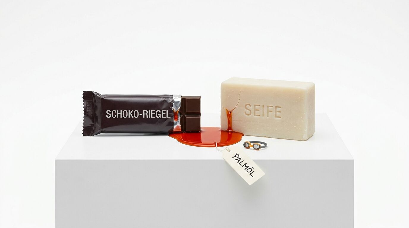 Schoko-Riegel, Seife und auslaufendes Palmöl auf weißem Podest