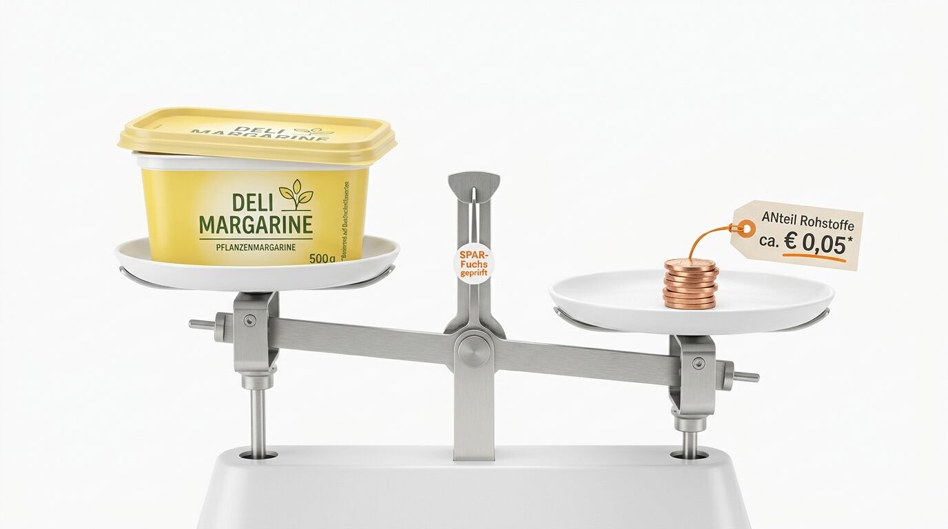 Waage mit Margarine und Münzen vor weißem Hintergrund