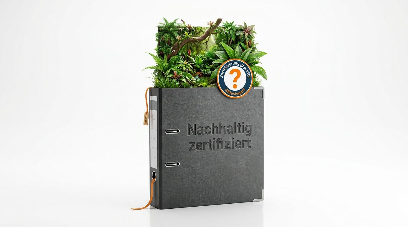 Schwarzer Ordner mit Text und Pflanzen, versehen mit einem Gütesiegel-Fragezeichen