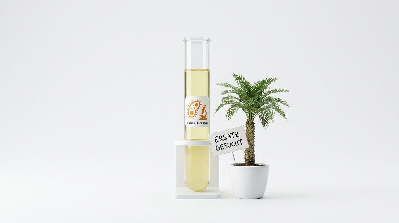 Reagenzglas und Palme im Topf mit „ERSATZ GESUCHT“ Schild vor weißem Hintergrund
