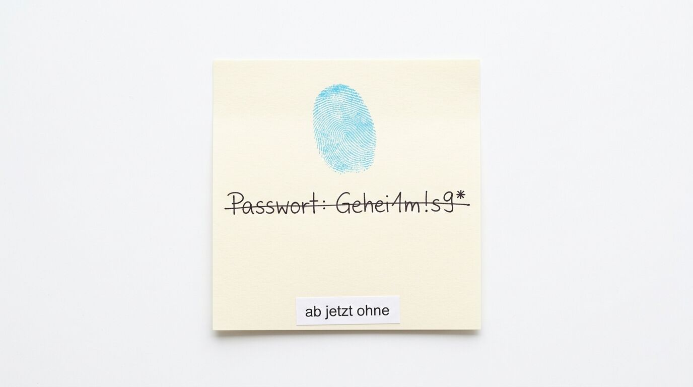 Notizzettel mit blauem Fingerabdruck, durchgestrichenem Passwort und Schild 