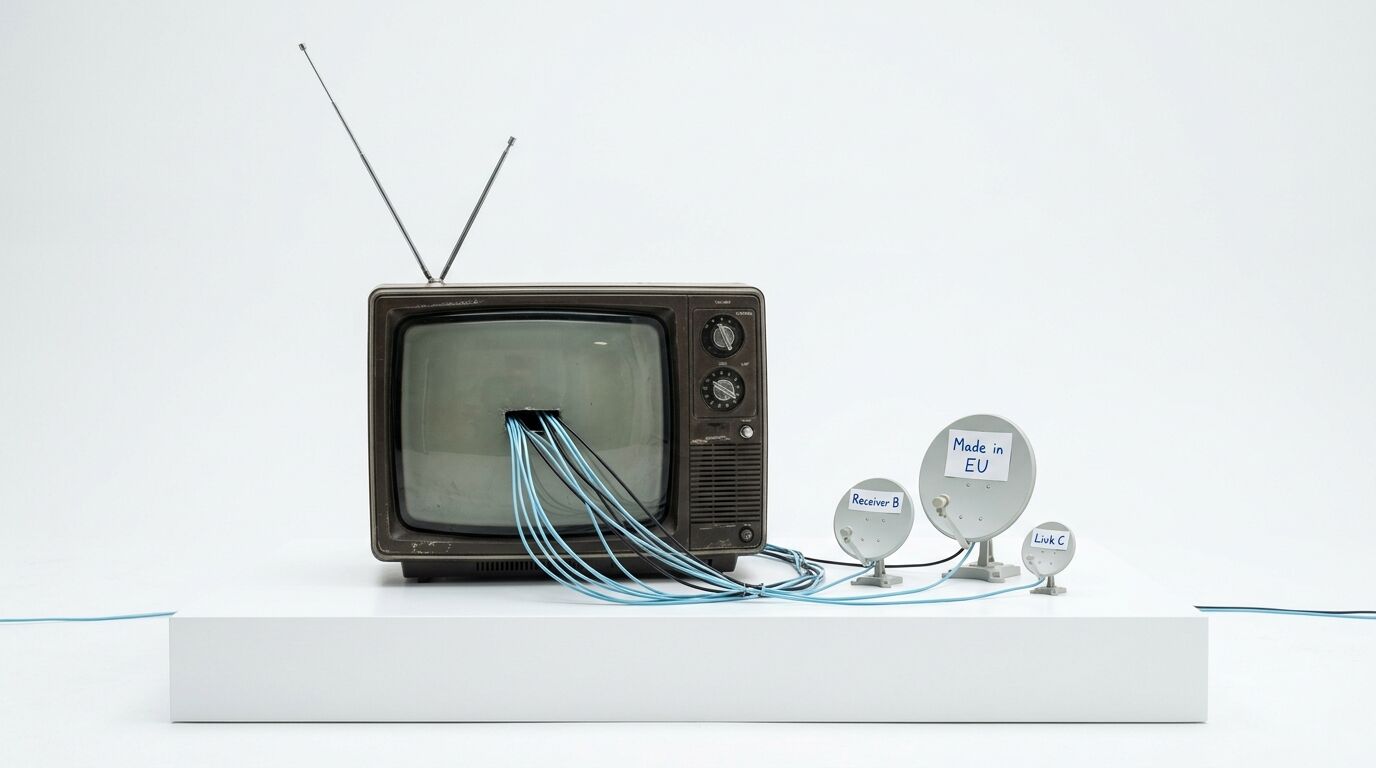 Ein alter Fernseher ist über viele blaue Kabel mit drei Parabolantennen verbunden
