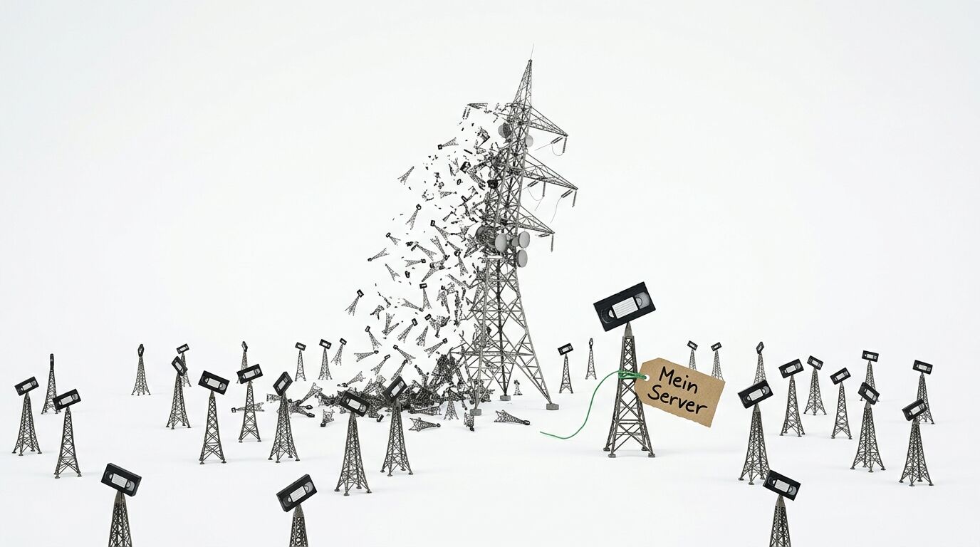 Zerfallender Sendemast neben kleinen Sendemasten, VHS-Kassetten und Schild „Mein Server“