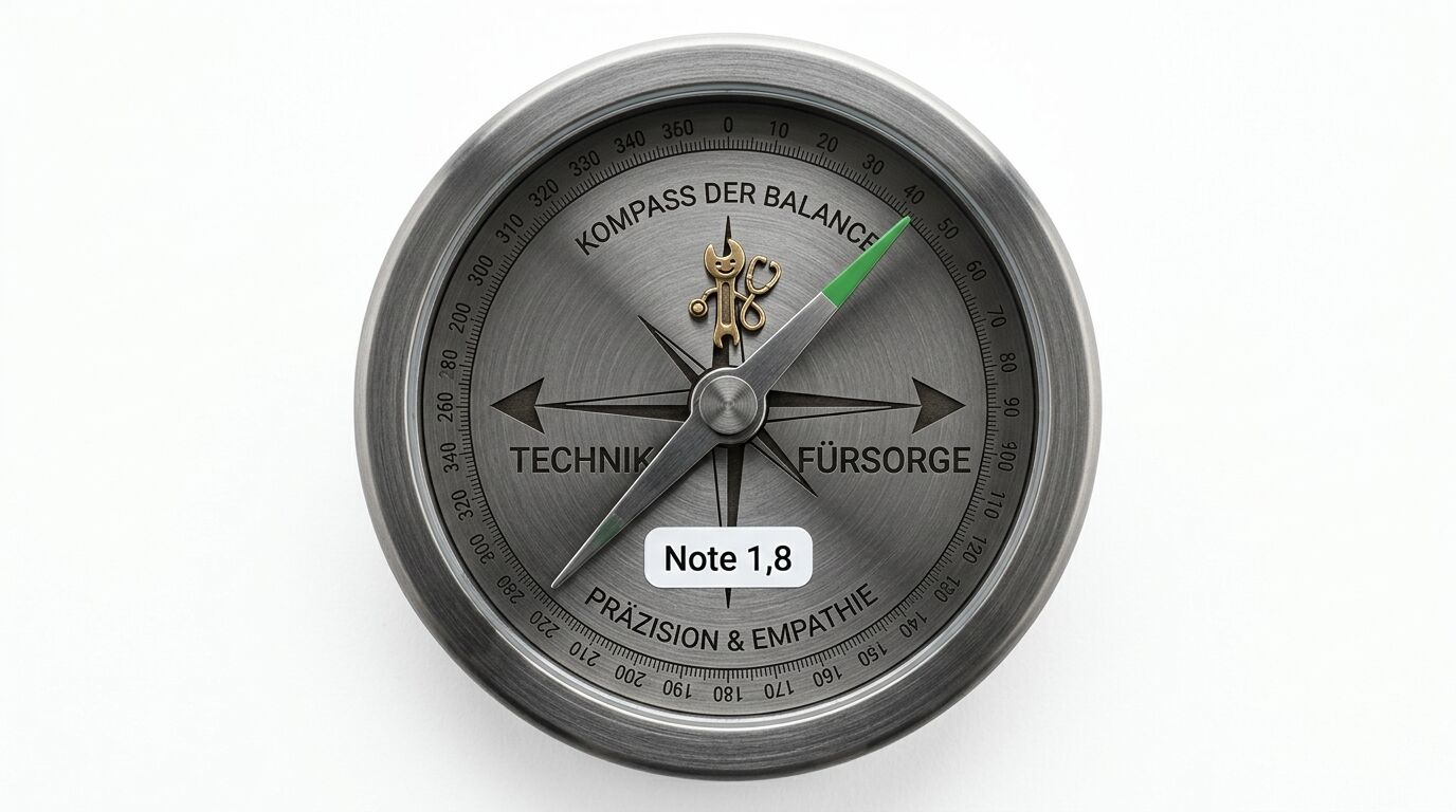 Ein Kompass mit den Beschriftungen Technik, Fürsorge und „Note 1,8“ sowie Symbolen