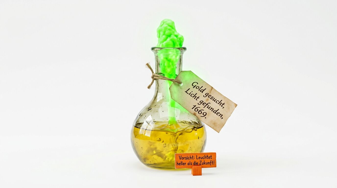 Glasflasche mit grüner Leuchtsubstanz, Anhänger und orangefarbenem Schild auf weißem Grund