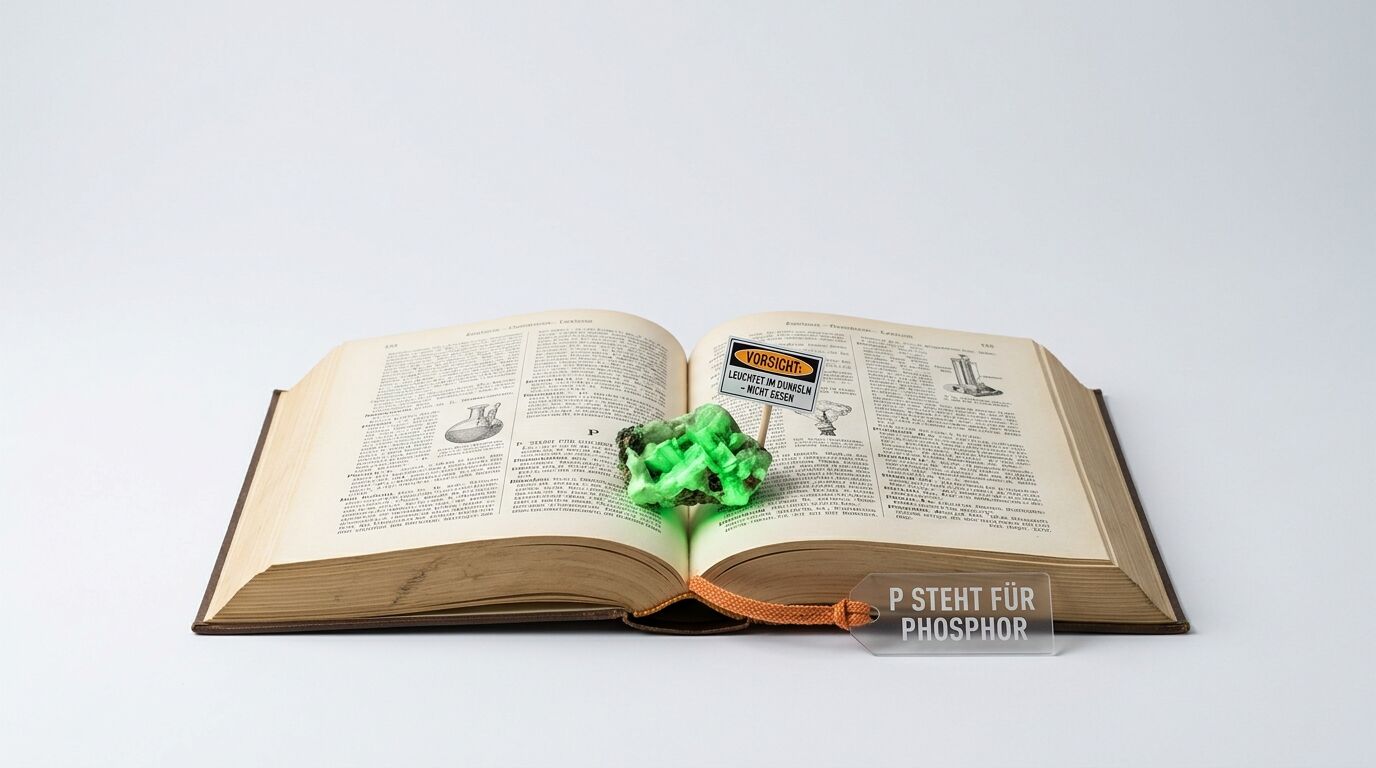 Ein offenes Buch mit leuchtend grünem Kristall, Warnschild und Plexiglasanhänger 
